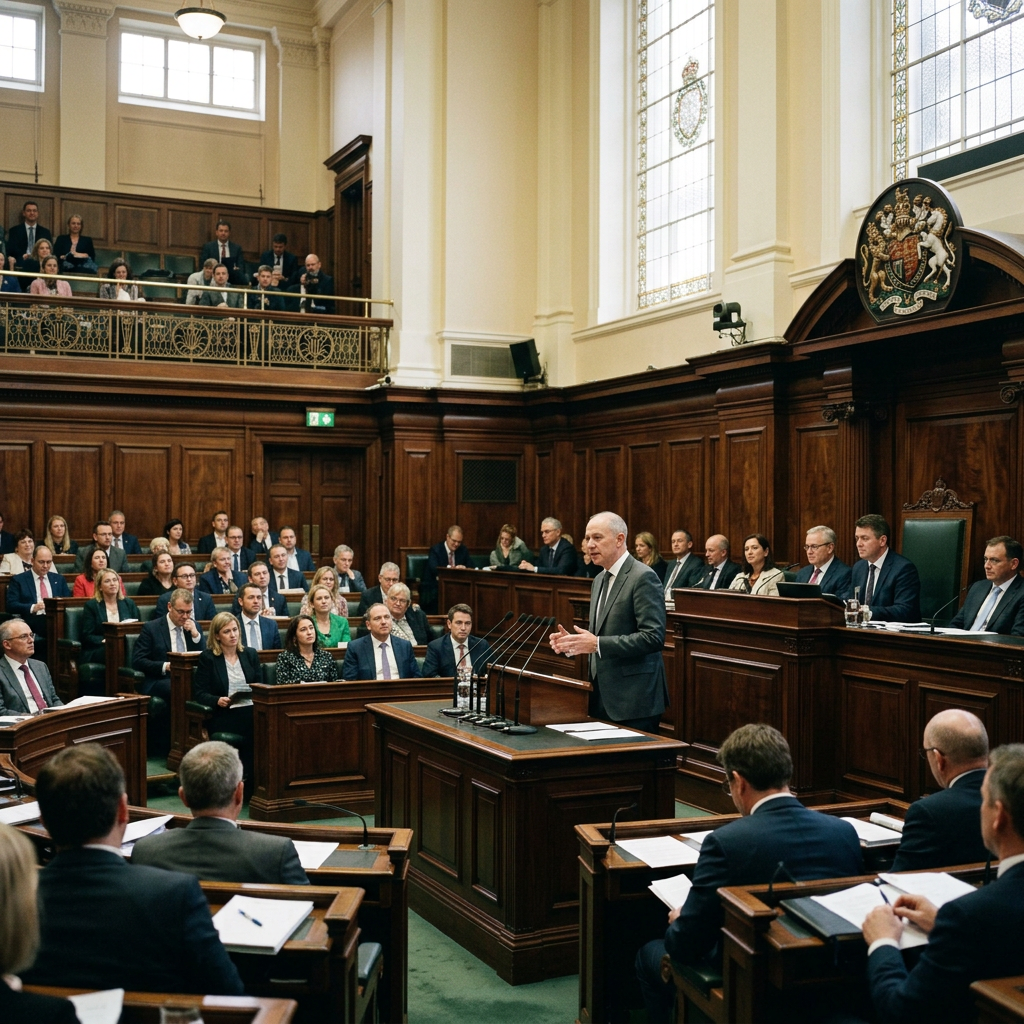 Speaker delivering a speech to seated members in a wood-paneled parliamentary chamber